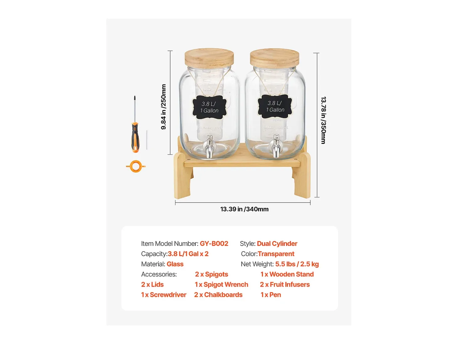 Distribuidor de Bebidas SucceBuy, Capacidade de 3,8 L, 2 Unidades, Fonte de Água em Vidro, Distribuição de Água, Sumo, Limonada, Chá Gelado, para Café