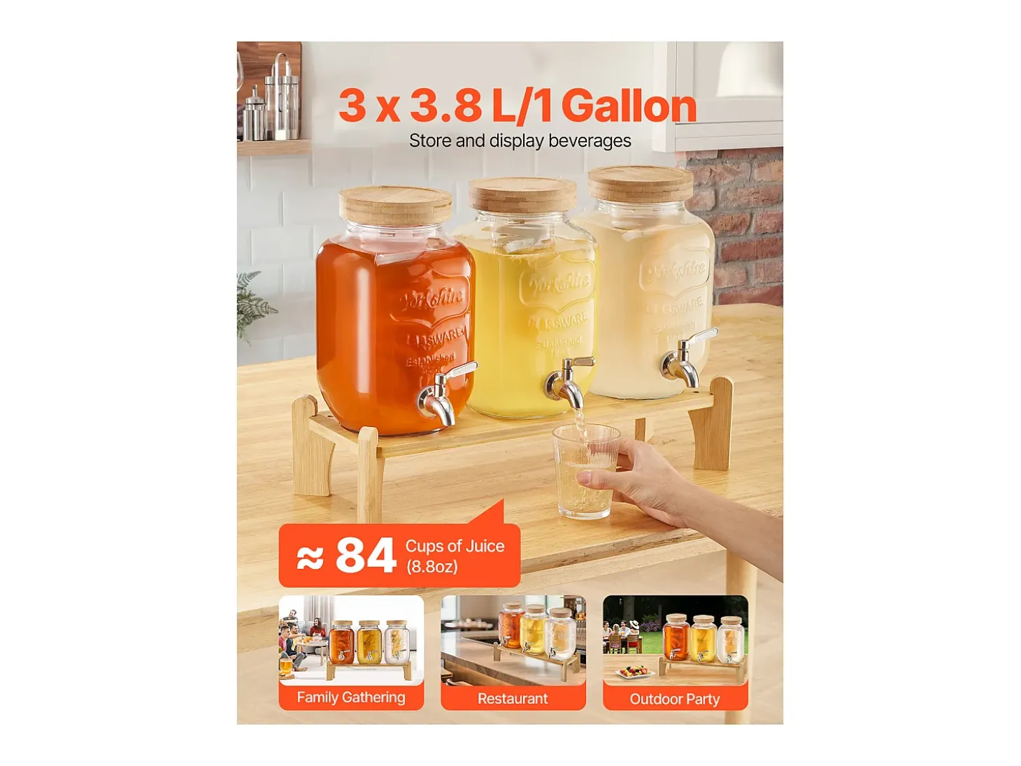 Distribuidor de Bebidas SucceBuy, Capacidade de 3,8 L, 3 Unidades, Fonte de Água em Vidro, Distribuição de Água, Sumo, Limonada, Chá Gelado, para Café