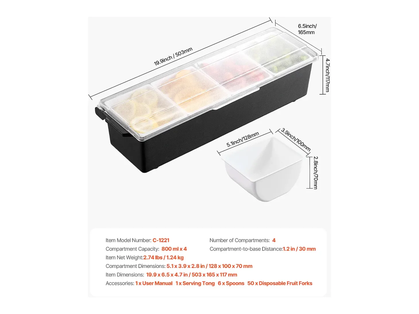 Distribuidor de Temperos Refrigerado SucceBuy, com 4 Compartimentos e Tampa, 50,3x16,5x11,7 cm