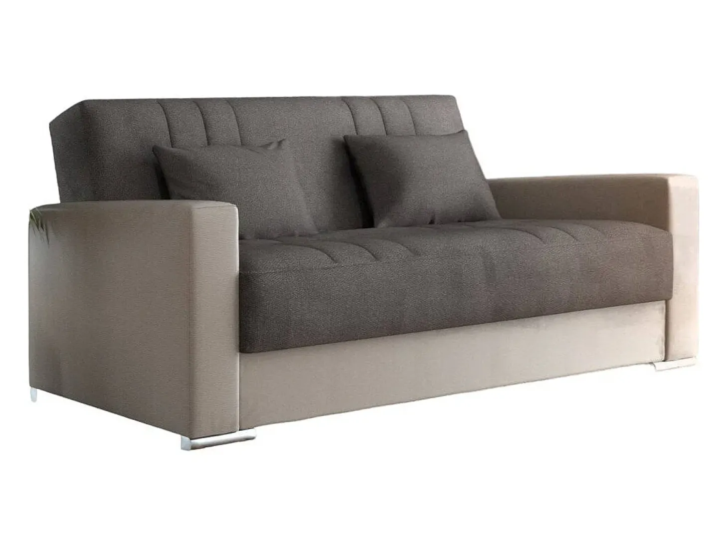 Divano letto 3 posti Sergio, Divano contenitore in ecopelle e tessuto, Sofà con apertura click-clack e 2 cuscini, 230x96h101 cm, Beige e Grigio