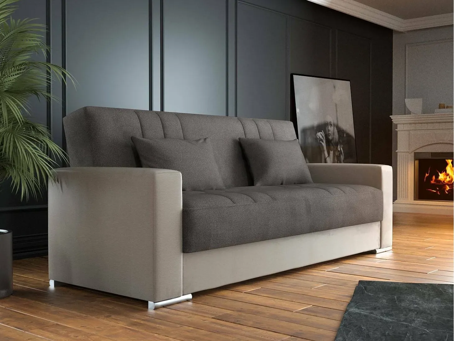Divano letto 3 posti Sergio, Divano contenitore in ecopelle e tessuto, Sofà con apertura click-clack e 2 cuscini, 230x96h101 cm, Beige e Grigio