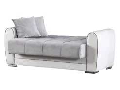 Divano letto con penisola Pablito, Divano contenitore reversibile in ecopelle e tessuto, Sofà apertura click-clack, 163x84h91 cm, Bianco e Grigio