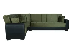 Divano letto con penisola Matias, Divano contenitore ad angolo in ecopelle e tessuto, Sofà con apertura click-clack, 305x238h91 cm, Nero e Verde