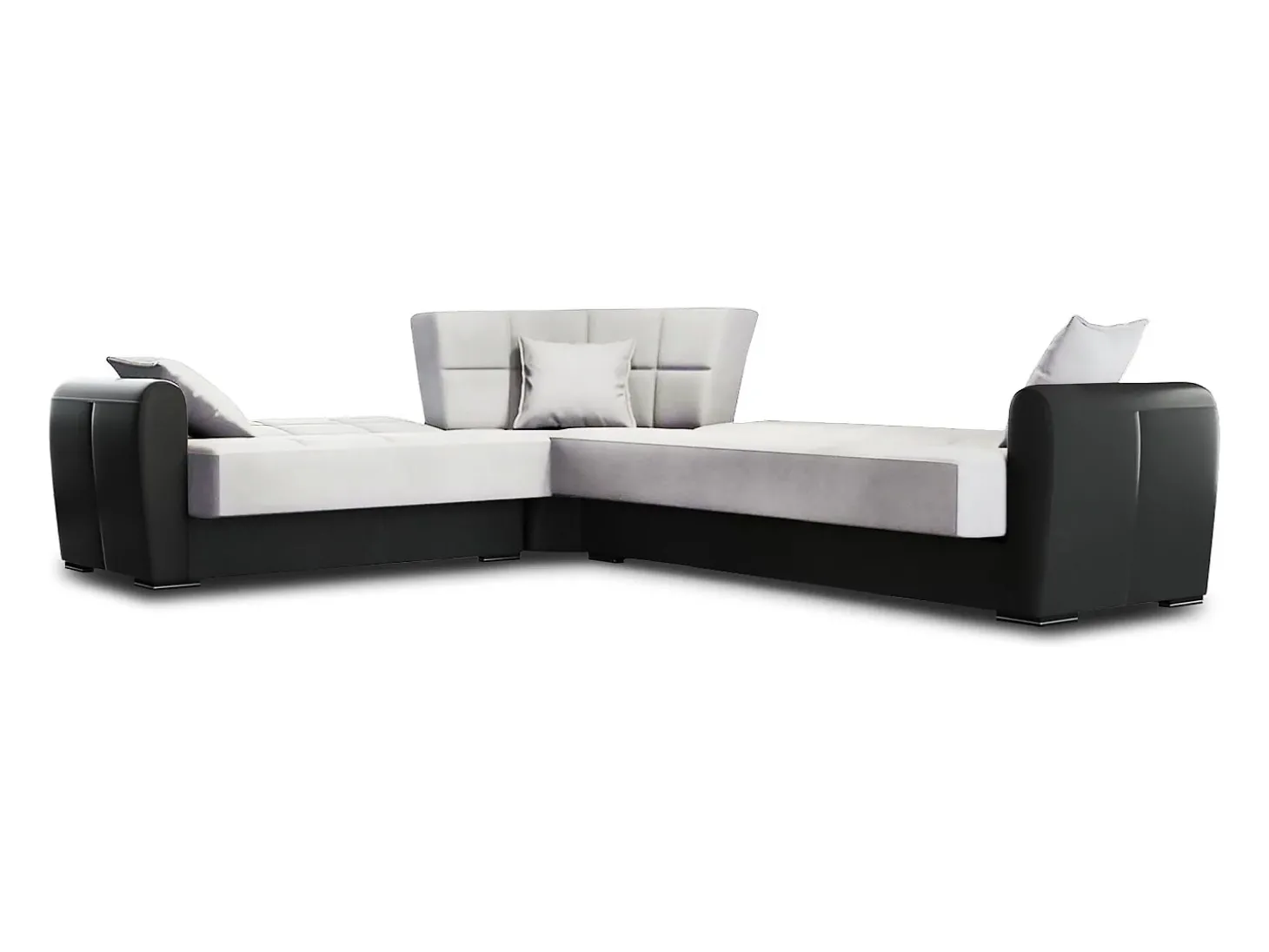 Divano letto con penisola Matias, Divano contenitore in ecopelle e tessuto, Sofà con apertura click-clack, 305x238h91 cm, Nero e Grigio Chiaro