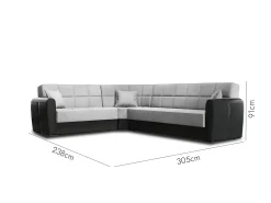 Divano letto con penisola Matias, Divano contenitore in ecopelle e tessuto, Sofà con apertura click-clack, 305x238h91 cm, Nero e Grigio Chiaro