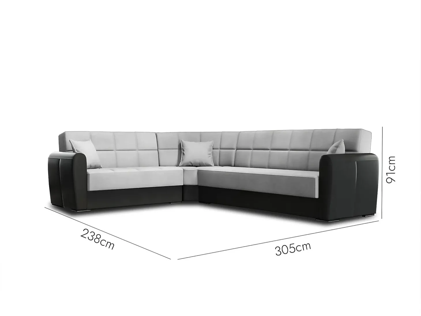 Divano letto con penisola Matias, Divano contenitore in ecopelle e tessuto, Sofà con apertura click-clack, 305x238h91 cm, Nero e Grigio Chiaro
