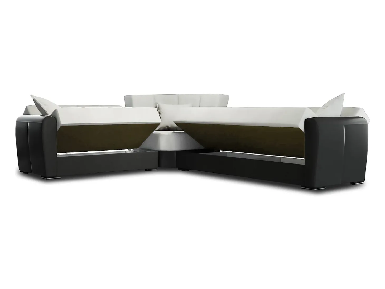 Divano letto con penisola Matias, Divano contenitore in ecopelle e tessuto, Sofà con apertura click-clack, 305x238h91 cm, Nero e Grigio Chiaro