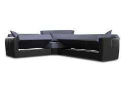 Divano letto con penisola Matias, Divano contenitore ad angolo in ecopelle e tessuto, Sofà con apertura click-clack, 305x238h91 cm, Nero e Grigio