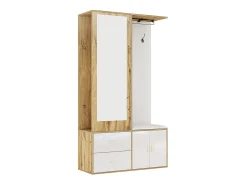 Elegante conjunto de roupeiro em branco e madeira crua com espelho, sapateira, banco para sapatos com ganchos e cabides deslizantes