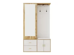 Elegante conjunto de roupeiro em branco e madeira crua com espelho, sapateira, banco para sapatos com ganchos e cabides deslizantes