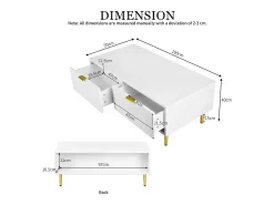 Elegante mesa de centro branca com decoração dourada, 2 gavetas, desenho listrado vertical, madeira MDF, 100 x 50 x 40 cm