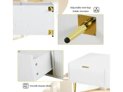 Elegante mesa de centro branca com decoração dourada, 2 gavetas, desenho listrado vertical, madeira MDF, 100 x 50 x 40 cm