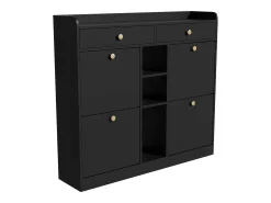 Elegante sapateira com 4 portas articuladas, 2 gavetas, 3 compartimentos abertos, preto