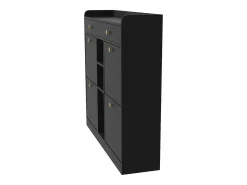Elegante sapateira com 4 portas articuladas, 2 gavetas, 3 compartimentos abertos, preto
