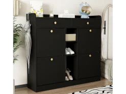 Elegante sapateira com 4 portas articuladas, 2 gavetas, 3 compartimentos abertos, preto