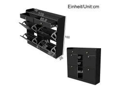 Elegante sapateira com 4 portas articuladas, 2 gavetas, 3 compartimentos abertos, preto