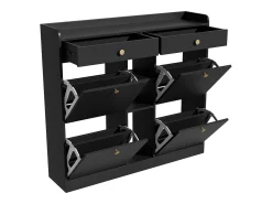Elegante sapateira com 4 portas articuladas, 2 gavetas, 3 compartimentos abertos, preto