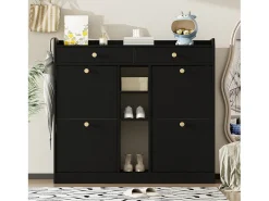 Elegante sapateira com 4 portas articuladas, 2 gavetas, 3 compartimentos abertos, preto