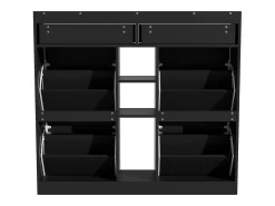 Elegante sapateira com 4 portas articuladas, 2 gavetas, 3 compartimentos abertos, preto