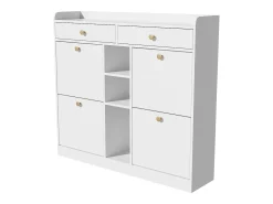 Elegante sapateira com 4 portas articuladas, 2 gavetas, 3 compartimentos abertos, branco
