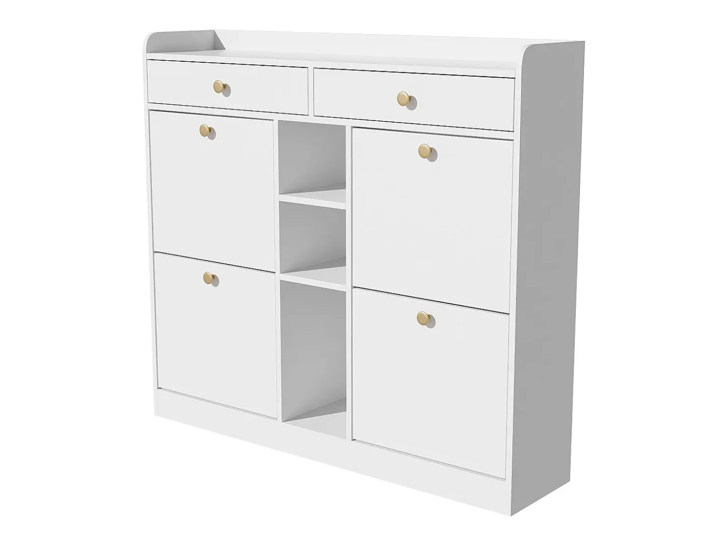 Elegante sapateira com 4 portas articuladas, 2 gavetas, 3 compartimentos abertos, branco