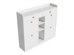 Elegante sapateira com 4 portas articuladas, 2 gavetas, 3 compartimentos abertos, branco