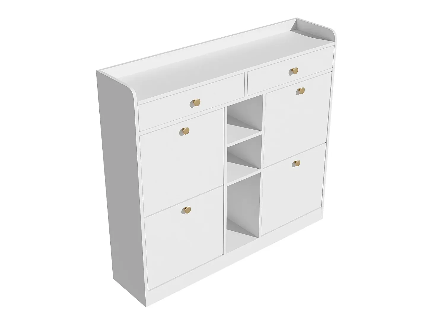 Elegante sapateira com 4 portas articuladas, 2 gavetas, 3 compartimentos abertos, branco