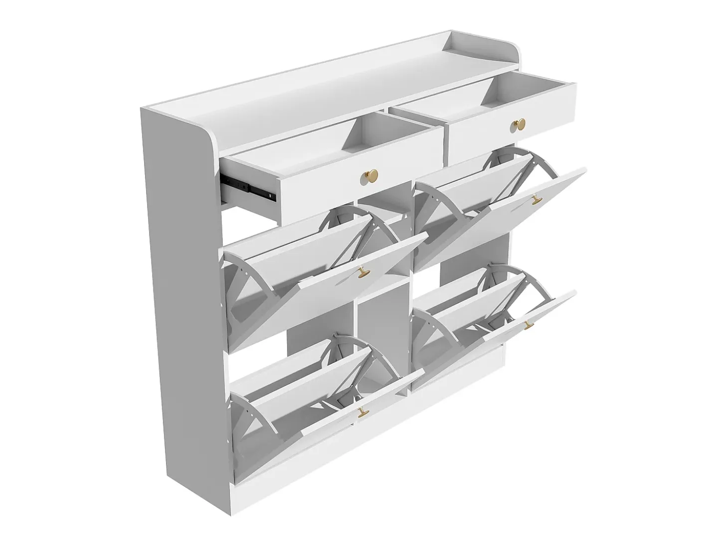 Elegante sapateira com 4 portas articuladas, 2 gavetas, 3 compartimentos abertos, branco