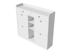 Elegante sapateira com 4 portas articuladas, 2 gavetas, 3 compartimentos abertos, branco