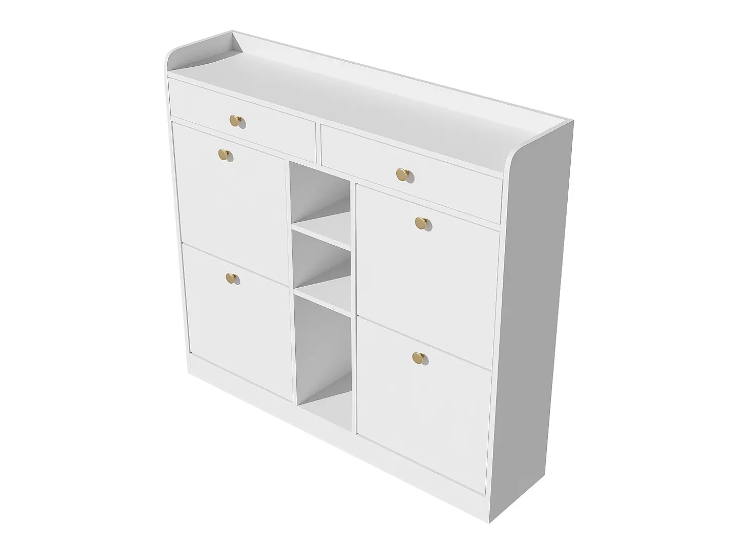 Elegante sapateira com 4 portas articuladas, 2 gavetas, 3 compartimentos abertos, branco