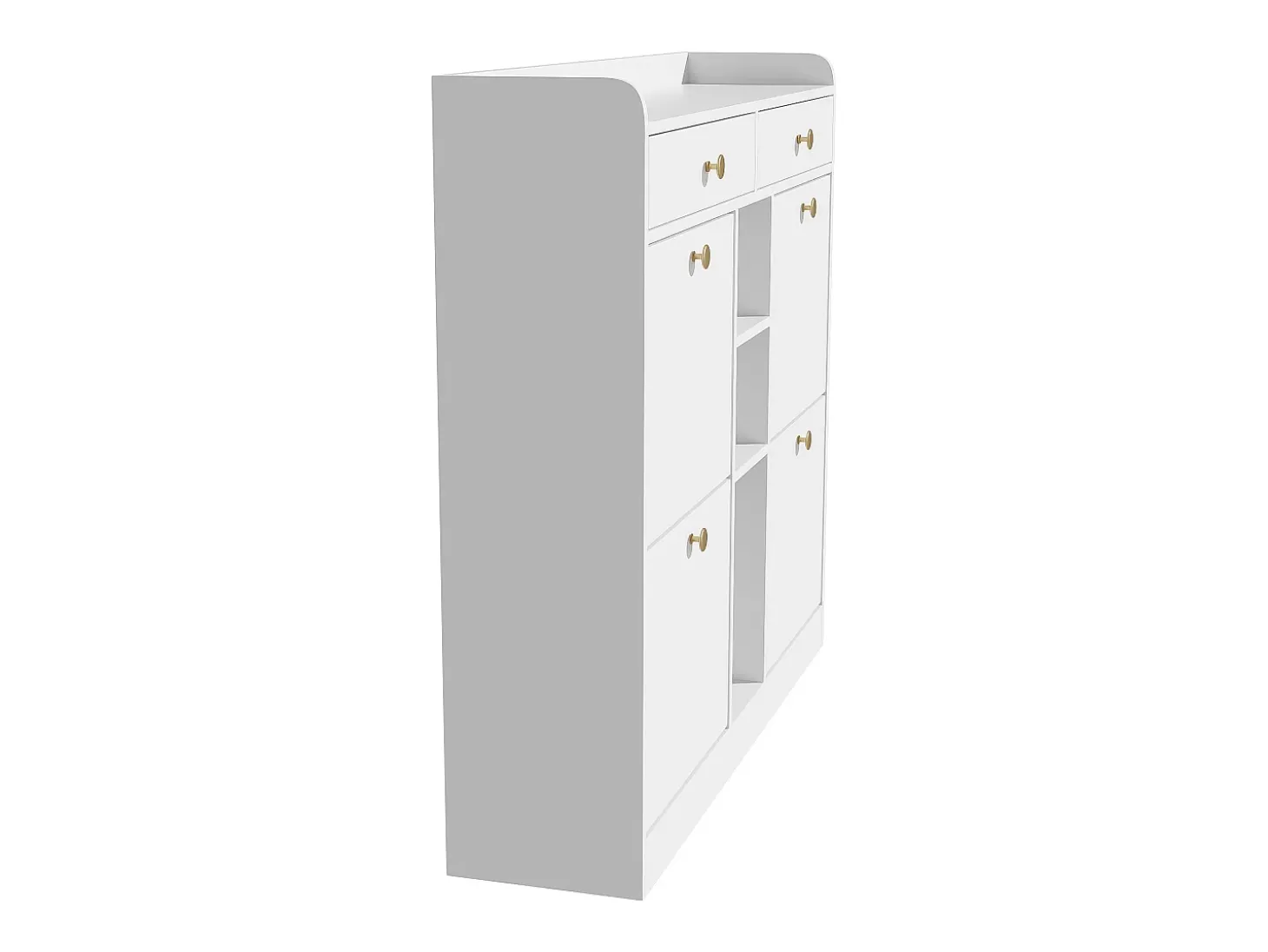 Elegante sapateira com 4 portas articuladas, 2 gavetas, 3 compartimentos abertos, branco