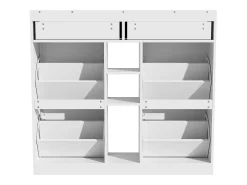 Elegante sapateira com 4 portas articuladas, 2 gavetas, 3 compartimentos abertos, branco
