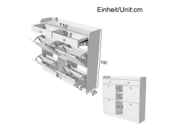 Elegante sapateira com 4 portas articuladas, 2 gavetas, 3 compartimentos abertos, branco