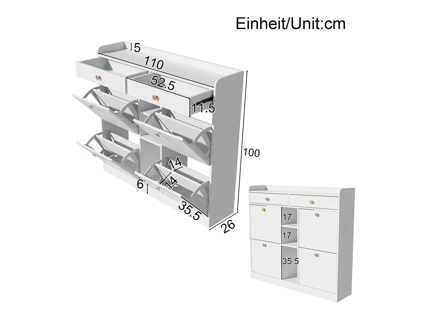 Elegante sapateira com 4 portas articuladas, 2 gavetas, 3 compartimentos abertos, branco