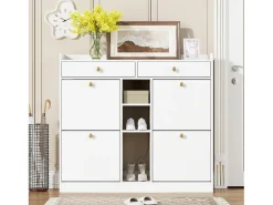 Elegante sapateira com 4 portas articuladas, 2 gavetas, 3 compartimentos abertos, branco
