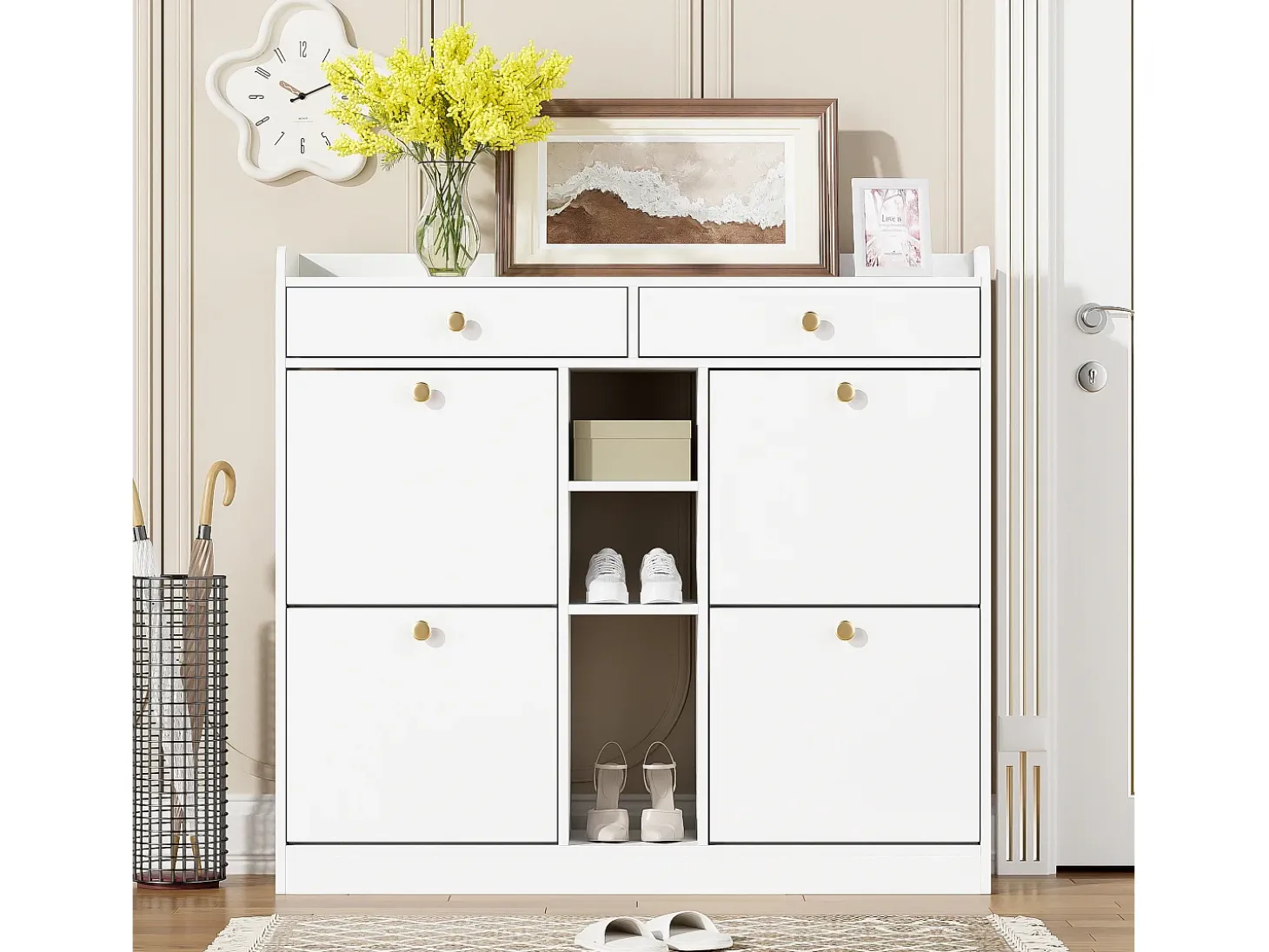 Elegante sapateira com 4 portas articuladas, 2 gavetas, 3 compartimentos abertos, branco