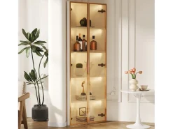 Elegante vitrine de canto - 62 x 35 x 160 cm - com LEDs + porta - em vidro temperado - MDF - branca