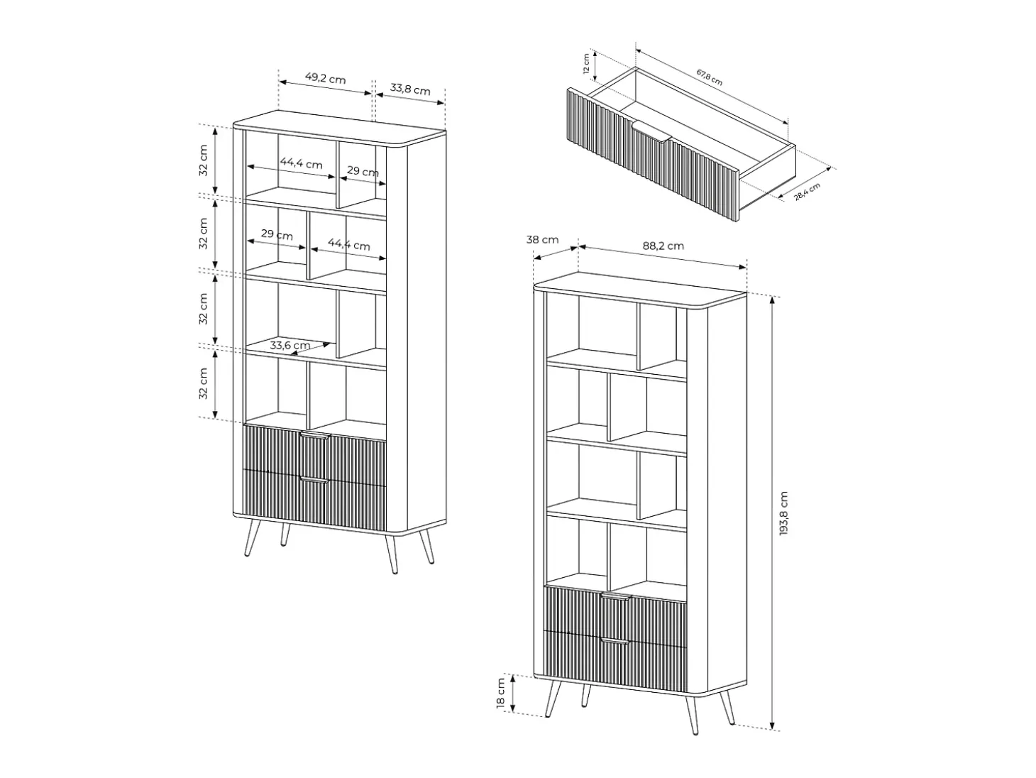 Estante: 2 gavetas, Branco, 88,2 x 38 x 193,8 cm