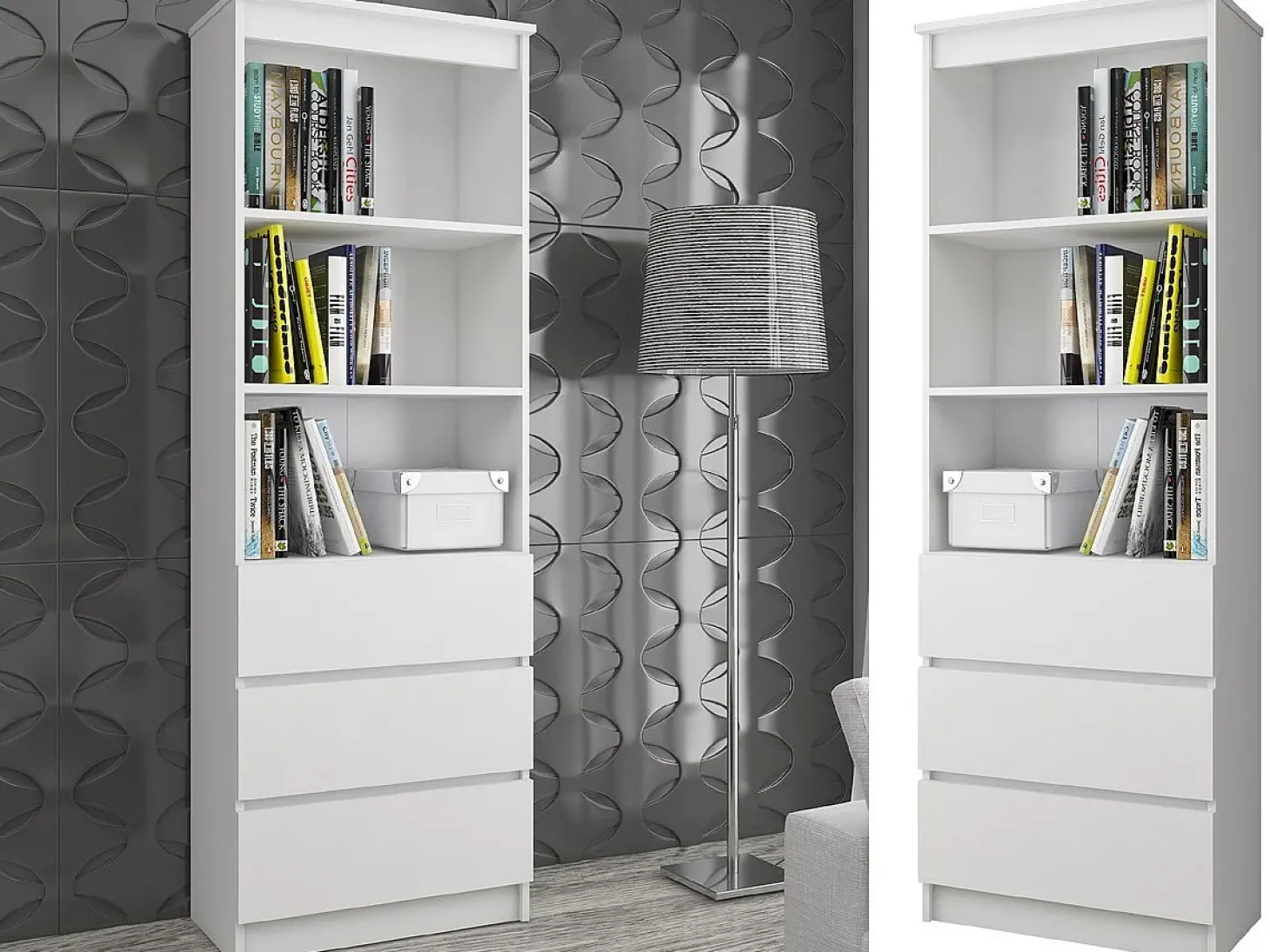 Estante Alta com Gavetas e Portas, 60cm, Branco, Laminado, Montagem DIY