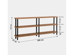 Estante baixo design SOFIE 180 cm madeira natural e pés pretos, 3 prateleiras melaminadas, montagem sem ferramentas