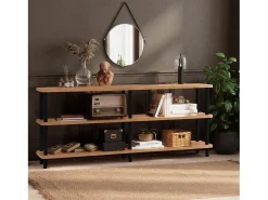 Estante baixo design SOFIE 180 cm madeira natural e pés pretos, 3 prateleiras melaminadas, montagem sem ferramentas