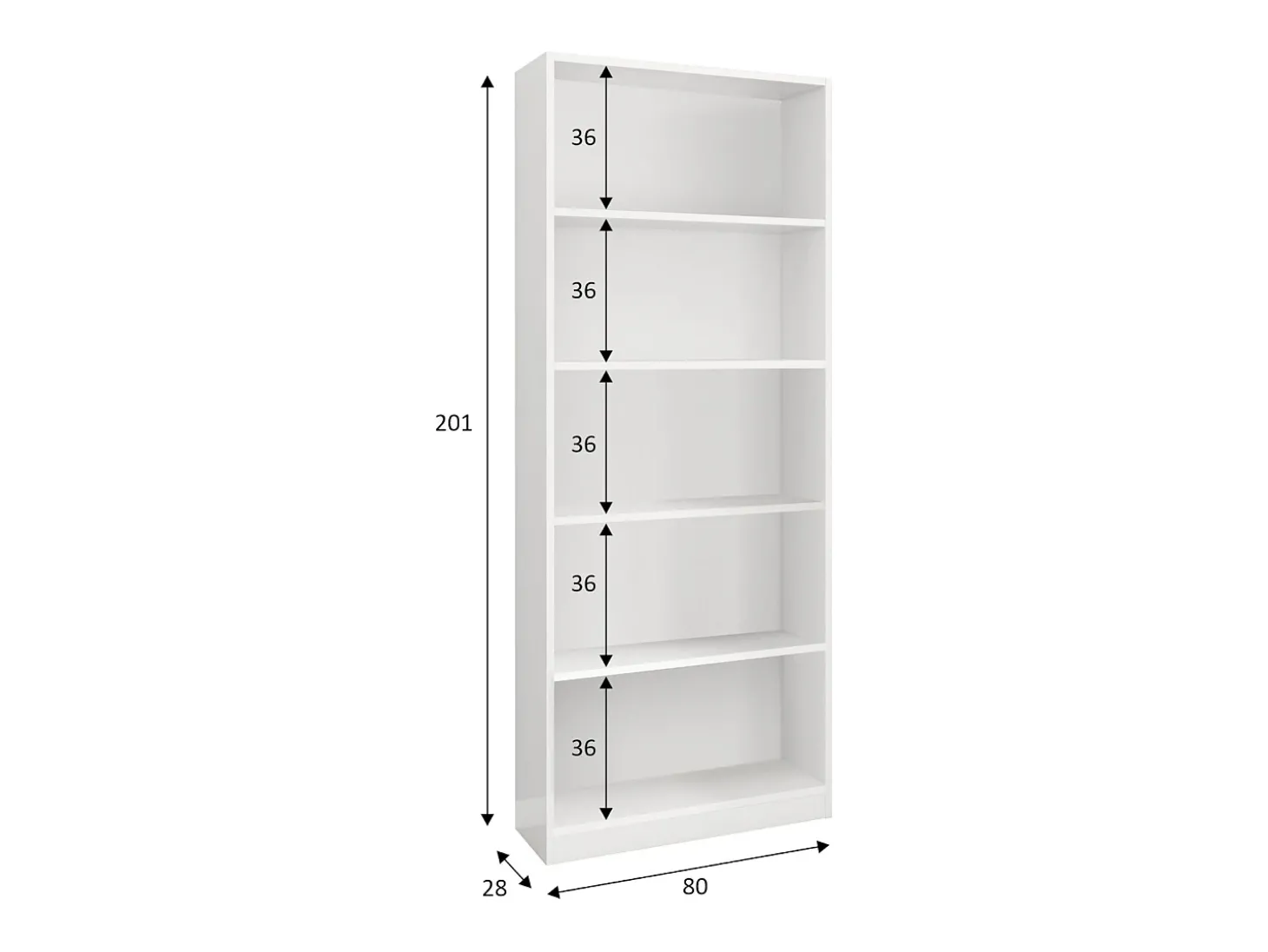 Estante Boston, Estante linear com 4 prateleiras, Estante de escritório ou quarto, Estante moderna, 80x28h201 cm, Branco