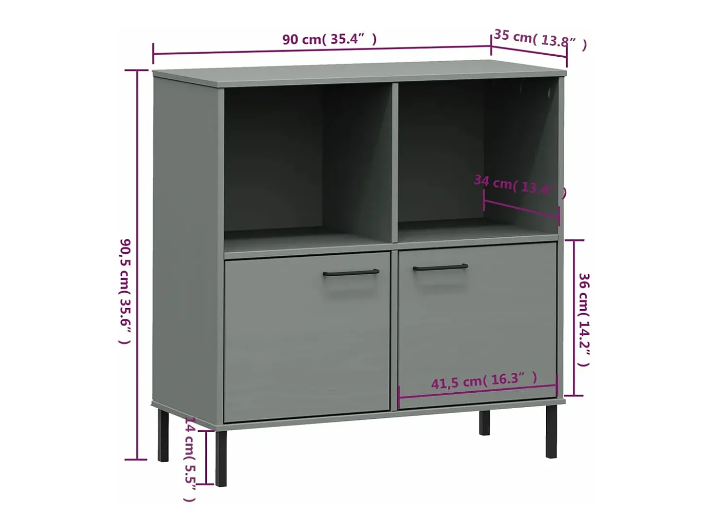 Estante c/ pernas metal 90x35x90,5 cm madeira maciça OSLO cinza