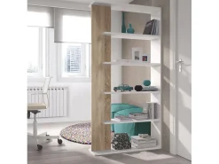 Estante Columbia, Estante dupla face com 5 prateleiras, Prateleira divisória para escritório ou quarto, 90x25h180 cm, Branco e Carvalho
