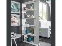 Estante Columbia, Estante dupla face com 5 prateleiras, Prateleira divisória para escritório ou quarto, 90x25h180 cm, Branco e Cimento