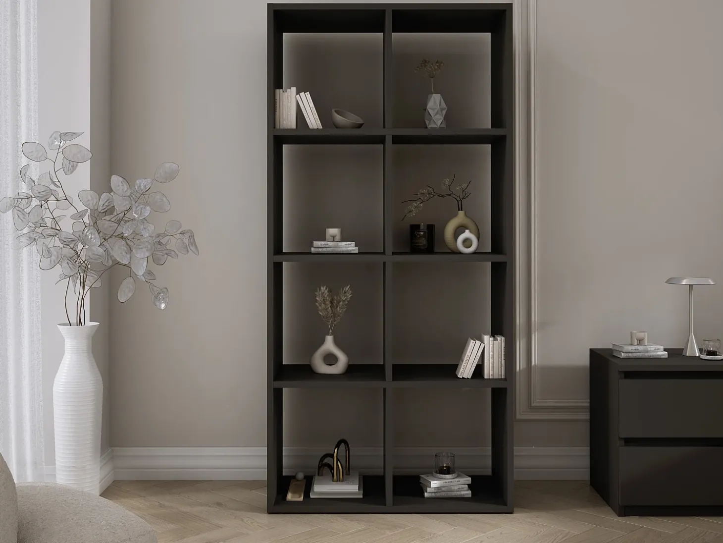 Estante com 8 compartimentos – Cor: Preto – 147 × 74 × 30 cm, vertical ou horizontal