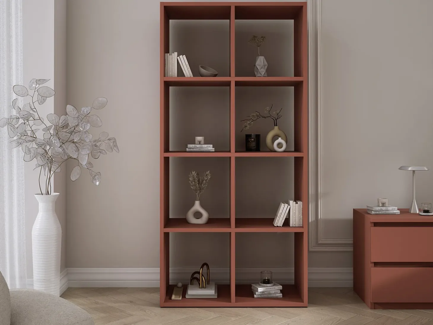 Estante com 8 compartimentos – Cor: Tijolo – 147 × 74 × 30 cm, vertical ou horizontal
