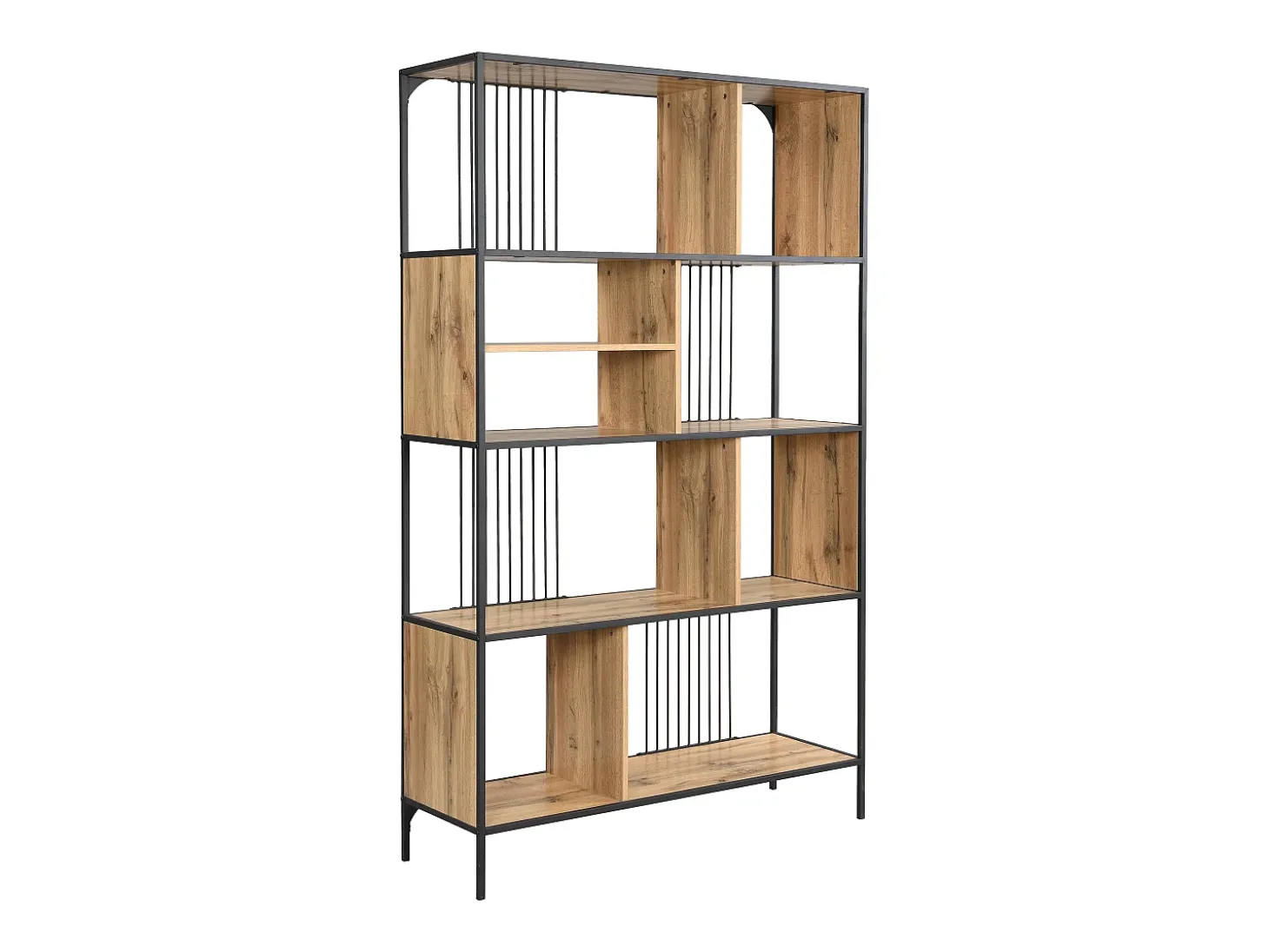 Estante com 9 nichos em MDF e aço natural e preto - LEMAVIA