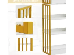 Estante com 5 prateleiras, 1 porta e 2 gavetas - estilo industrial - Branco e Dourado