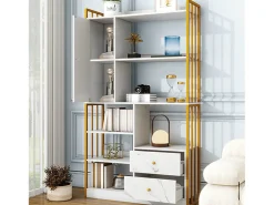 Estante com 5 prateleiras, 1 porta e 2 gavetas - estilo industrial - Branco e Dourado